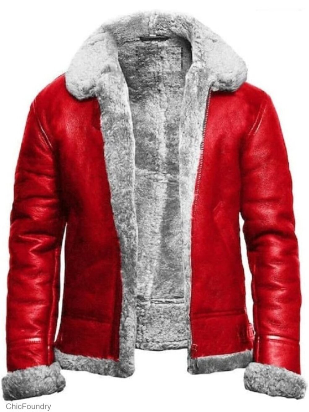 Men's Red Aviator Bomber Jacket Faux Fur Trim Leather Christmas